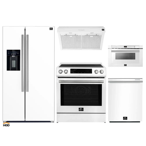 Forno 5-Piece Appliance Package - 30-Inch Induction Range, Under Cabinet Range Hood, Refrigerator with Water Dispenser, Dishwasher, and 24-Inch Microwave Drawer in White with Stainless Steel Trim - APW5-905-30WHT