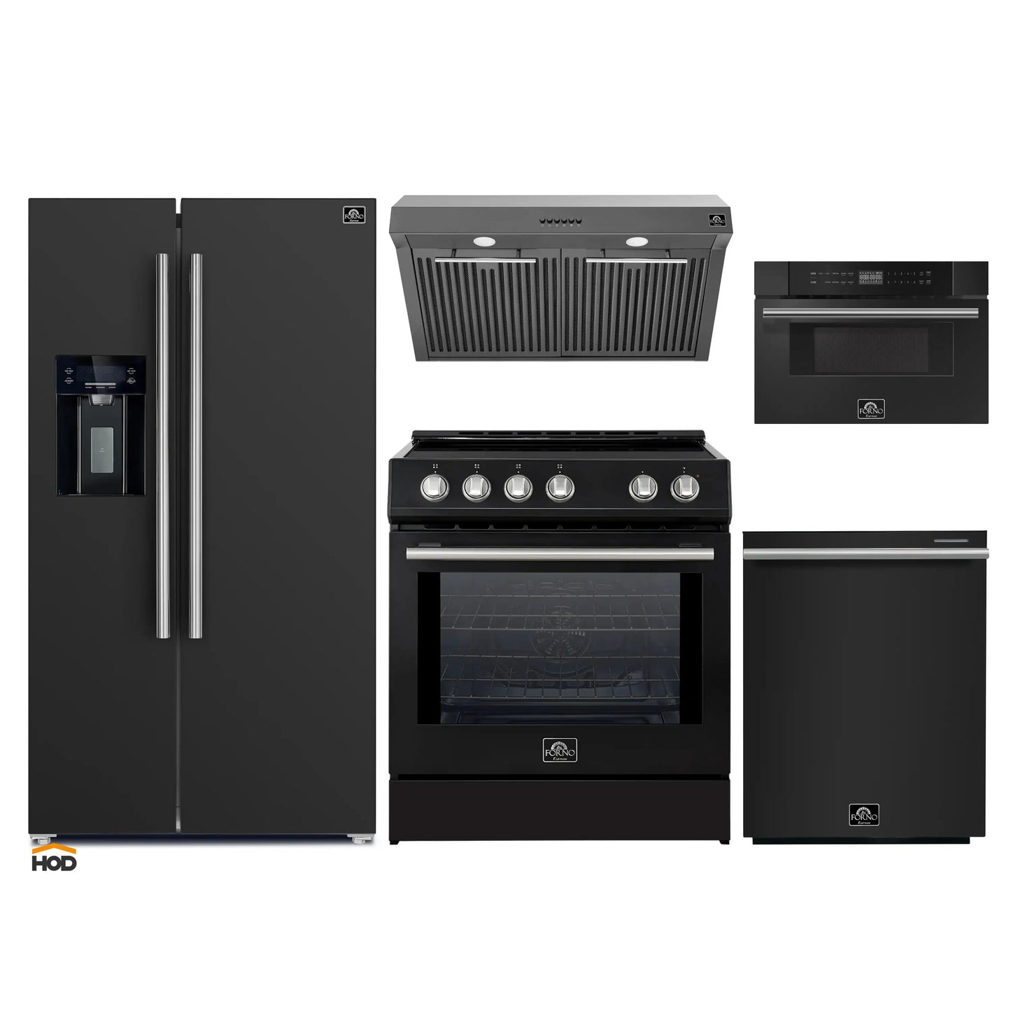 Forno 5-Piece Appliance Package - 30-Inch Induction Range, Under Cabinet Range Hood, Refrigerator with Water Dispenser, Dishwasher, and 30-Inch Microwave Drawer in Black with Stainless Steel Trim - APW5-982-30BLK-MWD30