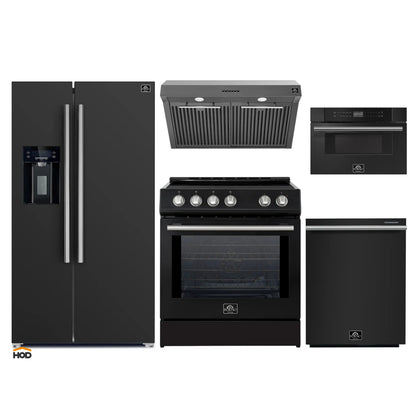 Forno 5-Piece Appliance Package - 30-Inch Induction Range, Under Cabinet Range Hood, Refrigerator with Water Dispenser, Dishwasher, and 30-Inch Microwave Drawer in Black with Stainless Steel Trim - APW5-982-30BLK-MWD30
