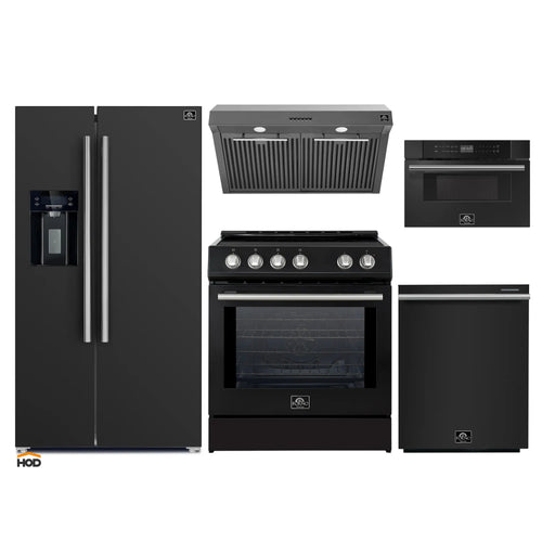 Forno 5-Piece Appliance Package - 30-Inch Induction Range, Under Cabinet Range Hood, Refrigerator with Water Dispenser, Dishwasher, and 30-Inch Microwave Drawer in Black with Stainless Steel Trim - APW5-982-30BLK-MWD30