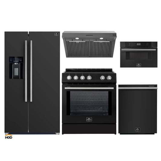 Forno 5-Piece Appliance Package - 30-Inch Induction Range, Under Cabinet Range Hood, Refrigerator with Water Dispenser, Dishwasher, and 30-Inch Microwave Drawer in Black with Stainless Steel Trim - APW5-982-30BLK-MWD30