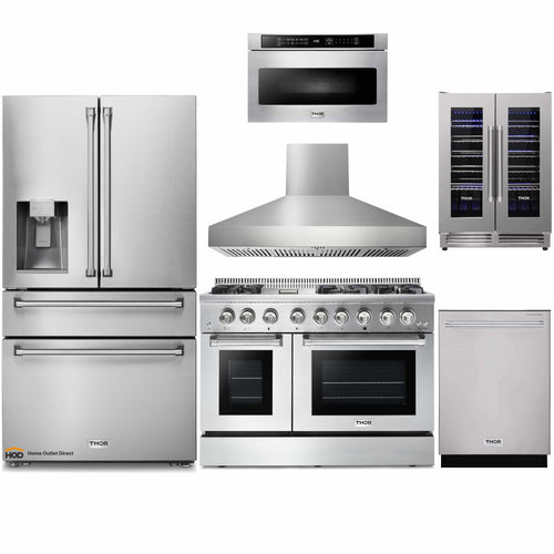 Thor Kitchen 6-Piece Pro Appliance Package - 48-Inch Dual Fuel Range with Propane Gas Cooktop , Refrigerator with Water Dispenser, Dishwasher, Pro Wall Mount Hood, Microwave Drawer, & Wine Cooler in Stainless Steel - APW6-HRD48C-LP