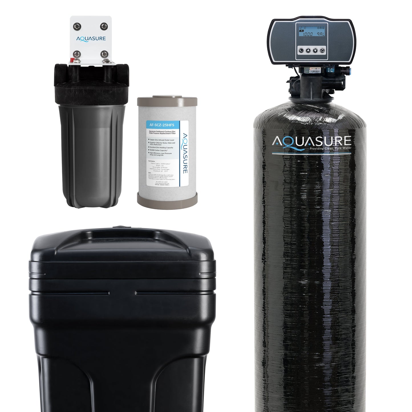 Aquasure Harmony Series | 64,000 Grains Water Softener with 10" Sediment/Carbon/Zinc Triple Purpose Whole House Water Filter - AS-HS64SCP