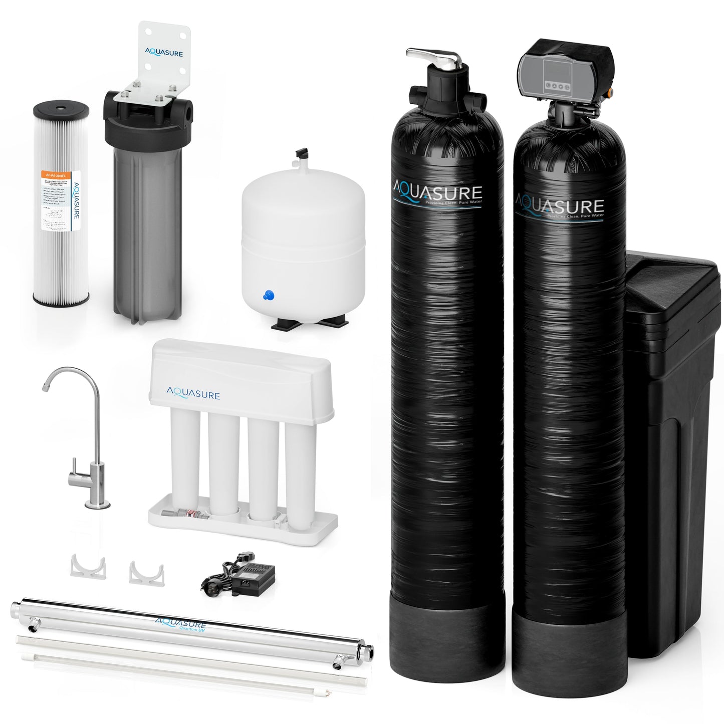 Aquasure Elite | 1,000,000 Gallons Whole House Water Treatment System with 48,000 Grains Fine Mesh Resin and KDF85 Carbon Media and 12 GPM Quantum UV deactivator System - AS-SE1000FMU