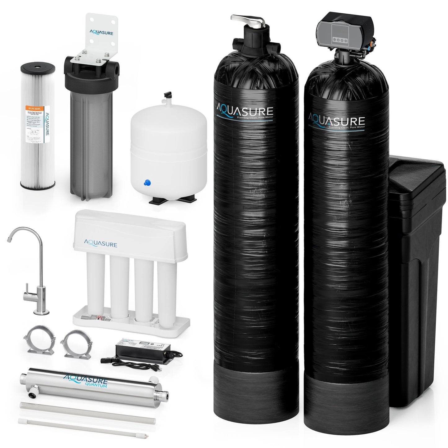 Aquasure Elite | 5-in-1 Whole House Water Treatment Bundle with 72,000 Grains Fine Mesh Resin Softener and 18 GPM UV Sterilizer - AS-SE2000FMU
