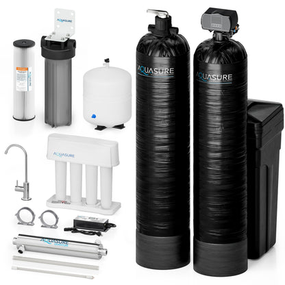 Aquasure Elite | 5-in-1 Whole House Water Treatment Bundle with 72,000 Grains Fine Mesh Resin Softener and 18 GPM UV Sterilizer - AS-SE2000FMU