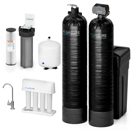 Aquasure Elite | 1,500,000 Gallons Whole House Water Filter Treatment Bundle with 72,000 Grains Fine Mesh Resin Softener, 75 GPD Reverse Osmosis System - AS-SE2000FM