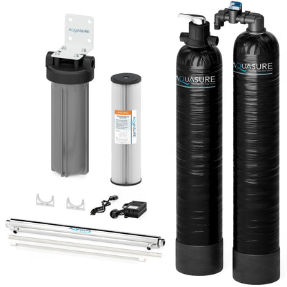 Aquasure Series | 10 GPM Salt-Free Conditioning, Whole House Water Treatment System, Pleated Sediment Pre-Filter and UV Purifier - AS-SF10CKU