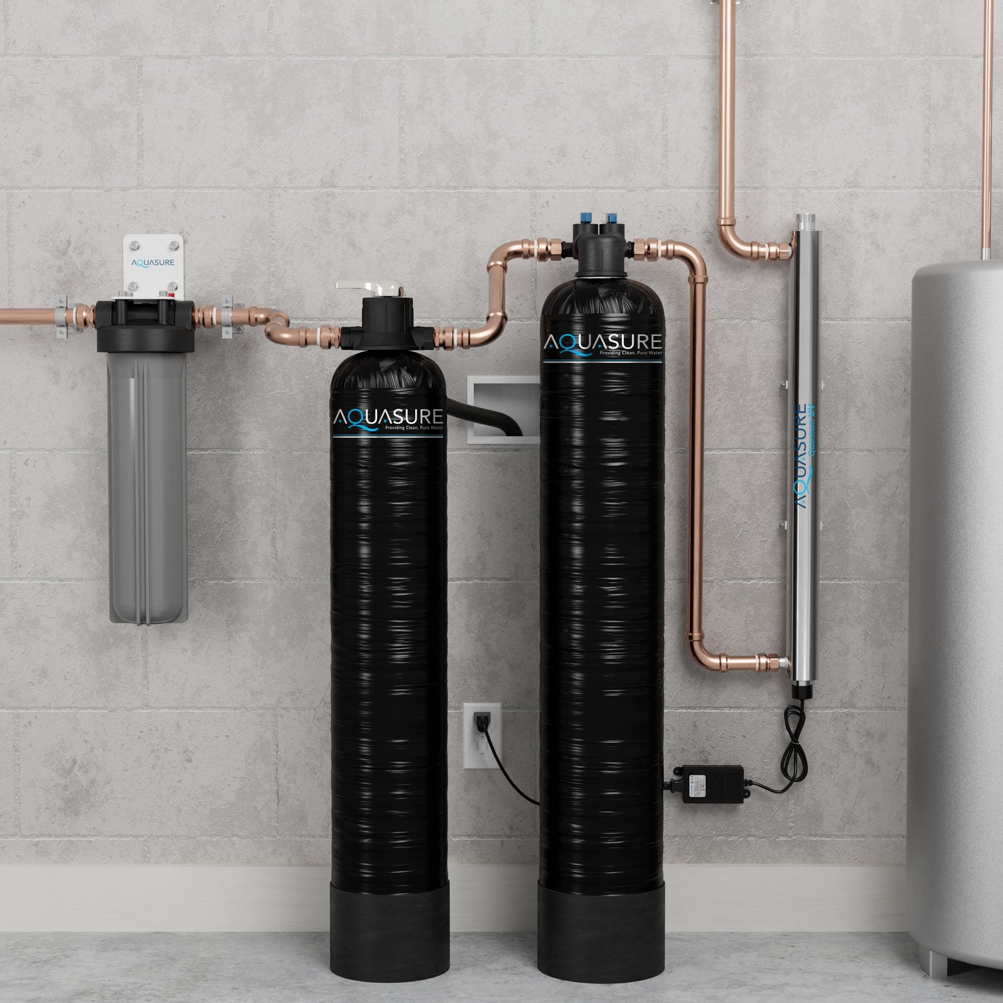 Aquasure Series | 10 GPM Salt-Free Conditioning, Whole House Water Treatment System, Pleated Sediment Pre-Filter and UV Purifier - AS-SF10CKU