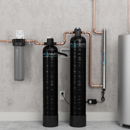Aquasure Series | 10 GPM Salt-Free Conditioning, Whole House Water Treatment System, Pleated Sediment Pre-Filter and UV Purifier - AS-SF10CKU