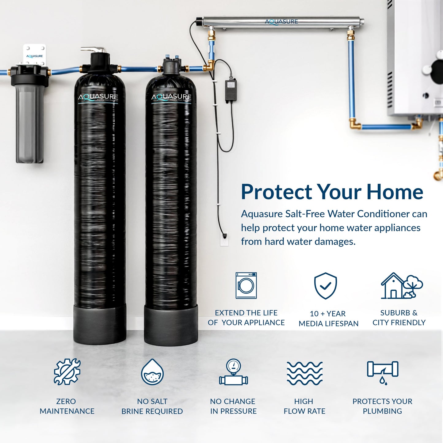 Aquasure Series | 10 GPM Salt-Free Conditioning, Whole House Water Treatment System, Pleated Sediment Pre-Filter and UV Purifier - AS-SF10CKU