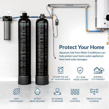 Aquasure Series | 10 GPM Salt-Free Conditioning, Whole House Water Treatment System, Pleated Sediment Pre-Filter and UV Purifier - AS-SF10CKU
