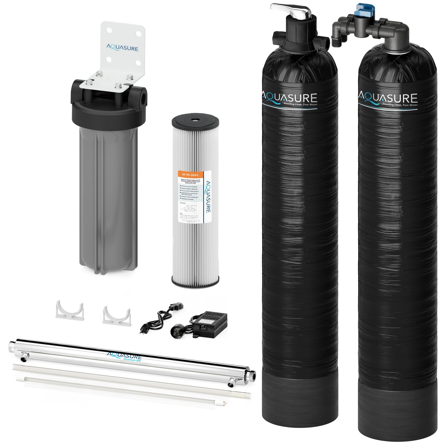 Aquasure Series | 15 GPM Salt-Free Conditioning, Whole House Water Treatment System, Pleated Sediment Pre-Filter and UV Purifier - AS-SF15CKU