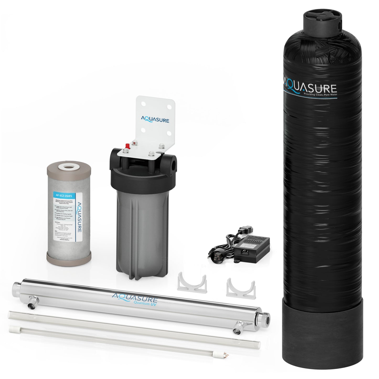 Aquasure  Lite Series | 650K Gallons Whole House Salt-Free Water Conditioning/Softening Descaler Bundle with Triple Purpose Filter System and 8 GPM UV De-Activator - AS-SF650U