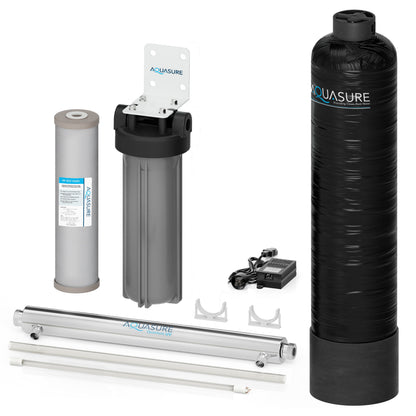 Aquasure  Lite Series | 800K Gallons Whole House Salt-Free Water Conditioning/Softening Descaler Bundle with Triple Purpose Filter System and 8 GPM UV De-Activator - AS-SF800U