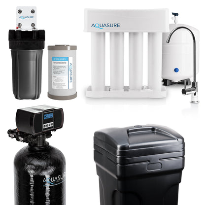 Aquasure Elite | Whole House Water Filter Bundle with 48,000 Grains Softener w/ Fine Mesh Resin, 75 GPD Reverse Osmosis System & Triple Purpose Pre-Filter - AS-WHF48FM
