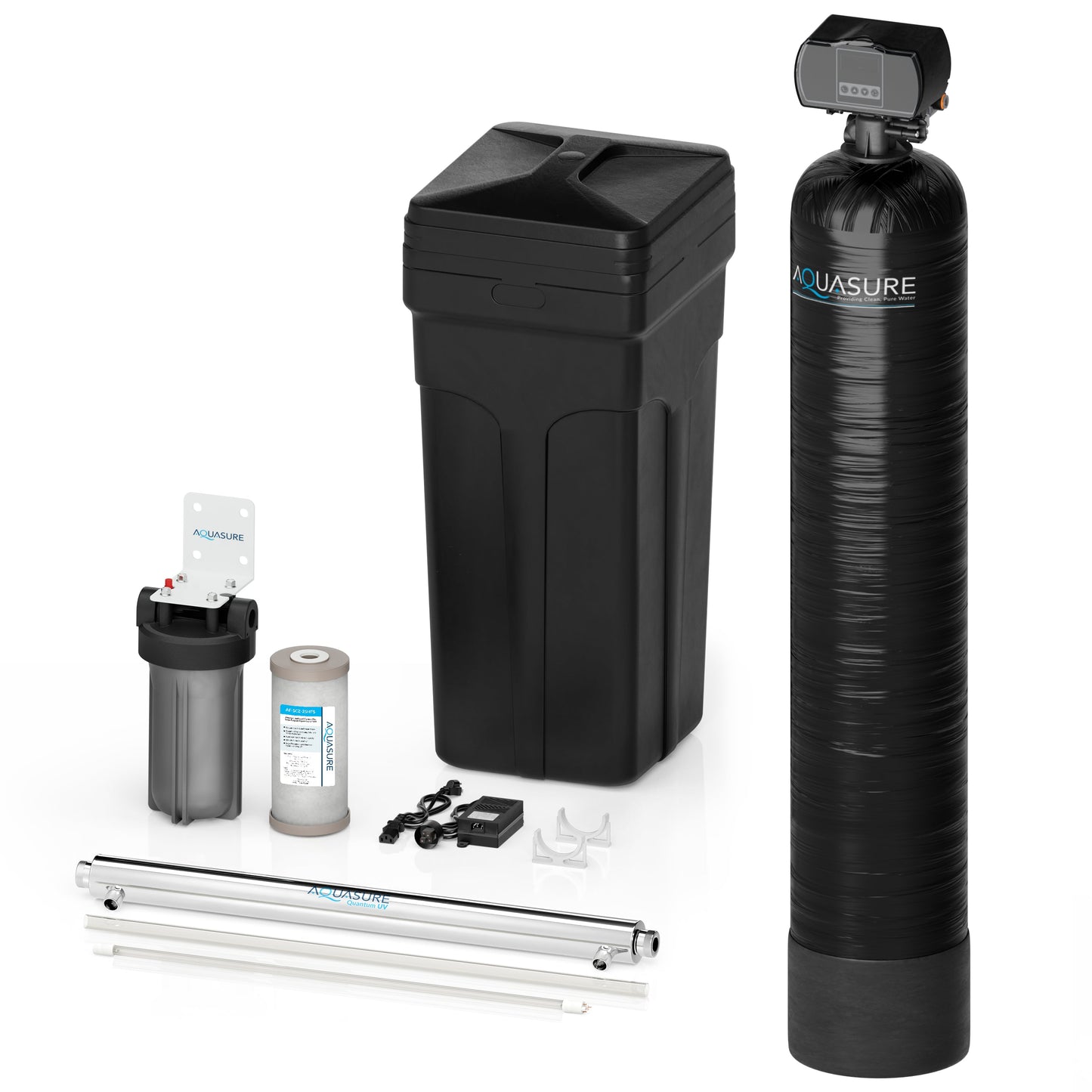 Aquasure Series | 48,000 Grains Water Softener with 12 GPM Quantum De-Activator System and Triple Purpose Carbon Pre-Filter - AS-WSUV48D