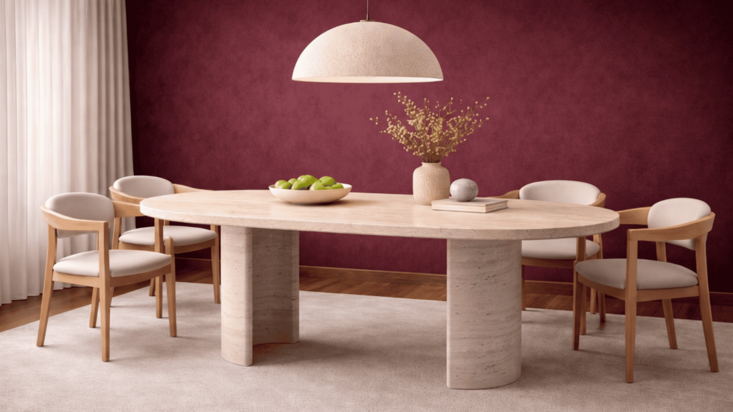 Lovecup  Aurora Travertine Marble Dining Table with Half-Moon Pedestal Base - AURORAYEMEKMASASI