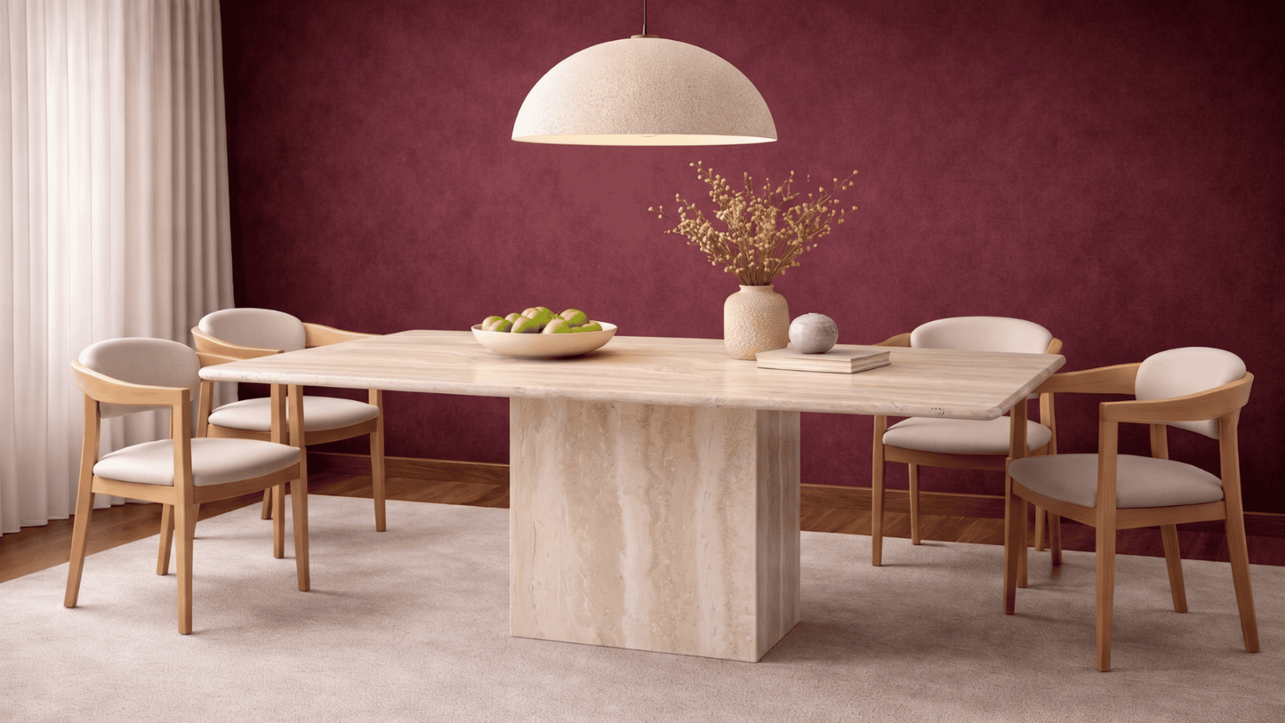 Lovecup  Sean Travertine Marble Dining Table with Cube Pedestal Base - SEANYEMEKMASASI