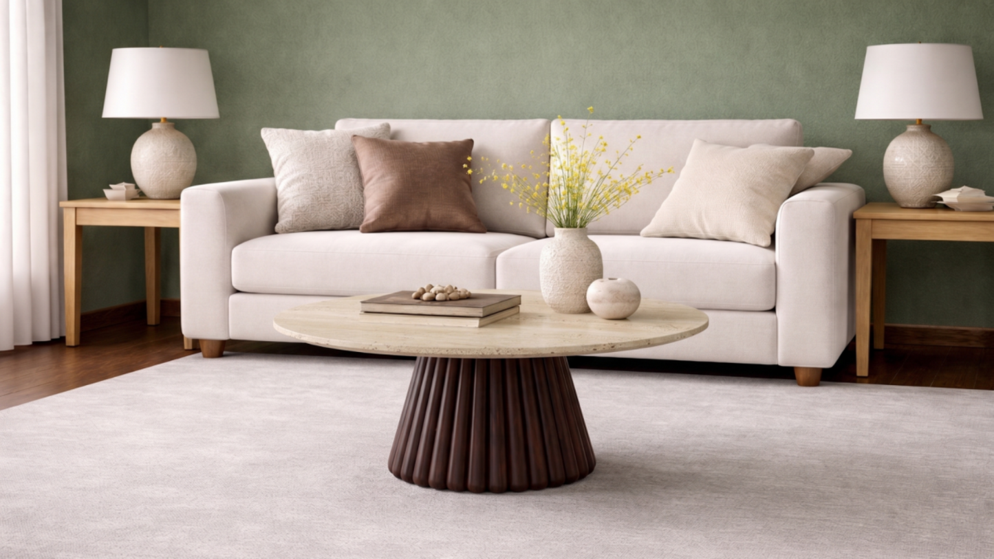 Lovecup  Tiny – Travertine Coffee Table with Wooden Legs - TINYORTASEHPA