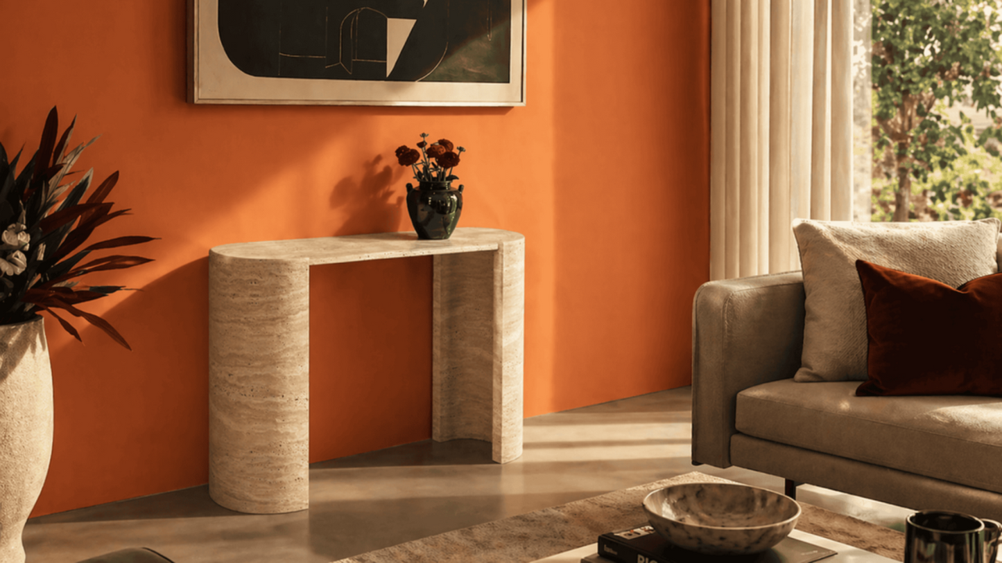 Lovecup  Bellenca Travertine Console Table with Double Half-Moon Pedestal Legs - BELLENCEDRESUAR