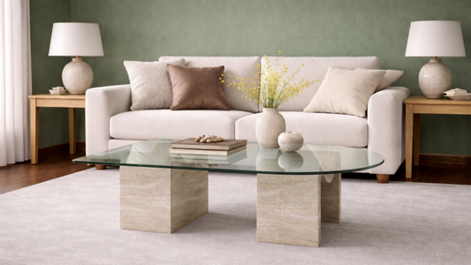 Lovecup  Asymmetric Glass Coffee Table with Travertine Base - VIVASORTASEHPA