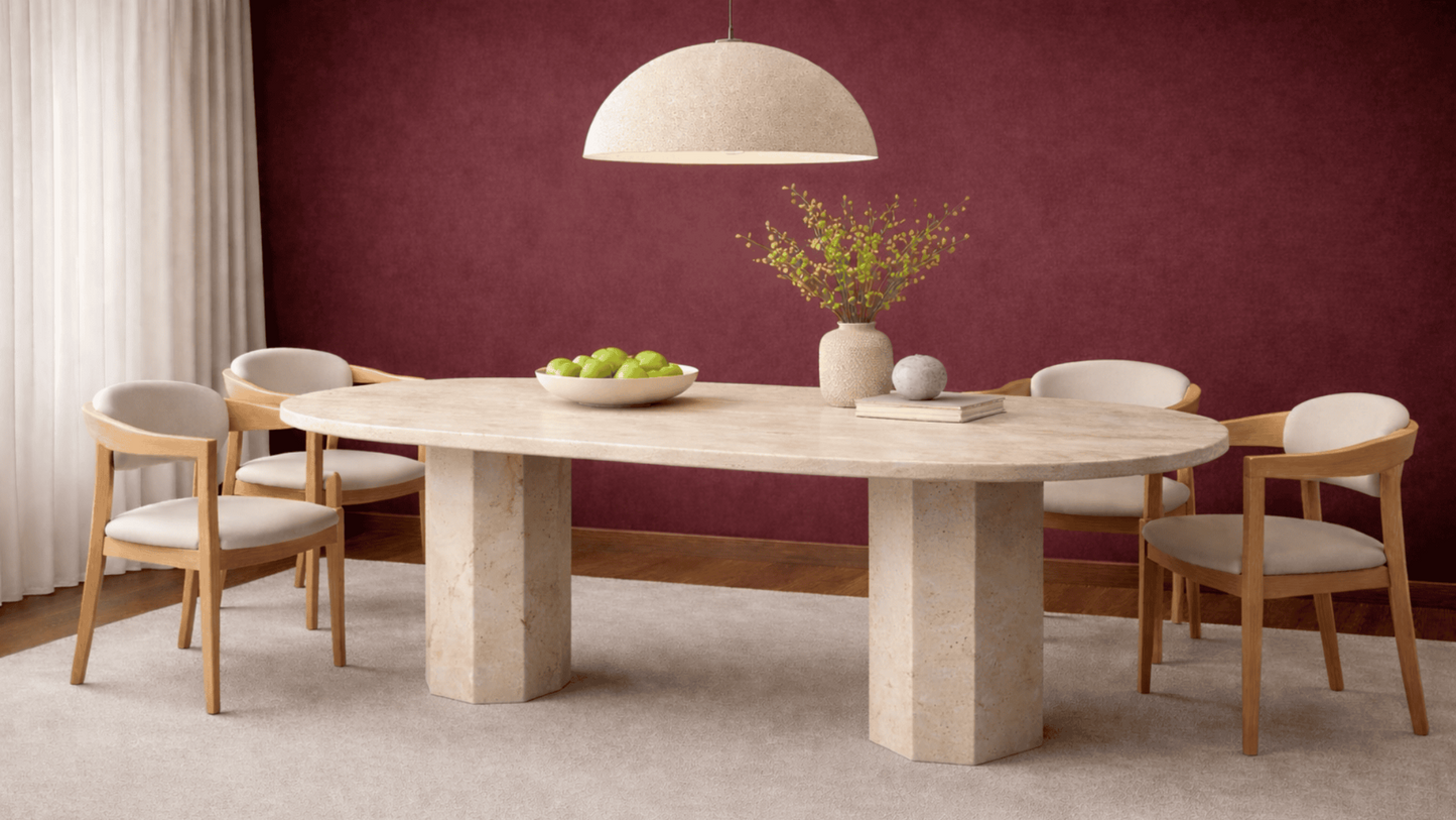 Lovecup  Hexagonal Travertine Marble Dining Table - Double Pedestal - GREDELYEMEKMASASI