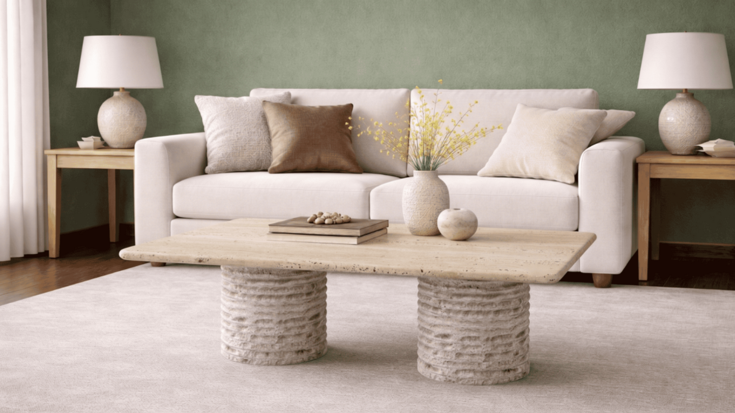 Lovecup  Alessa Travertine Coffee Table - Double Cylinder Pedestal Base with Rounded Edge - ALESSAORTASEHPA