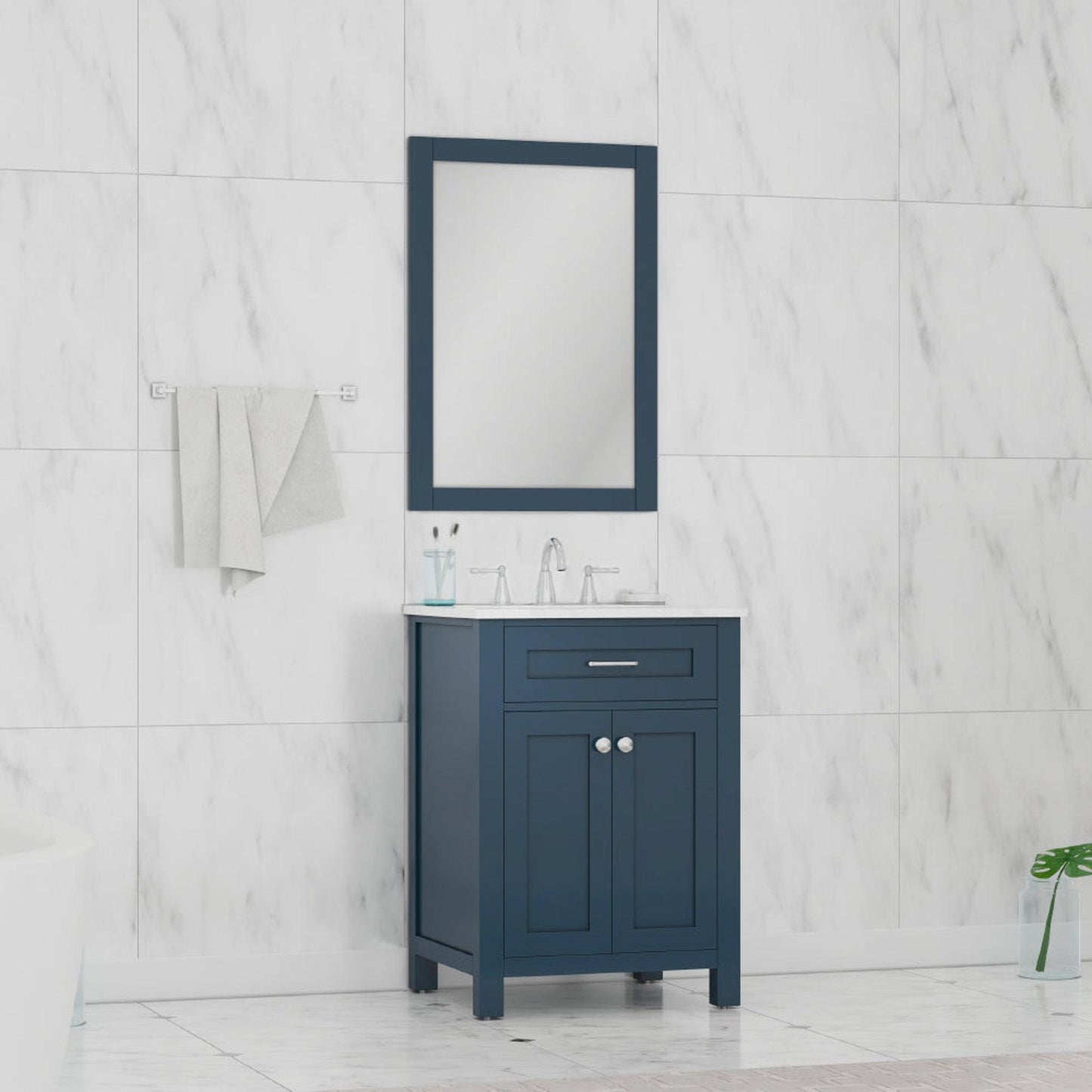 Alya Bath Norwalk 24" Single Blue Freestanding  Bathroom Vanity With Carrara Marble Top, Ceramic Sink and Wall Mounted Mirror - HE-101-24-B-CWMT + HE-101/102-24-B-M
