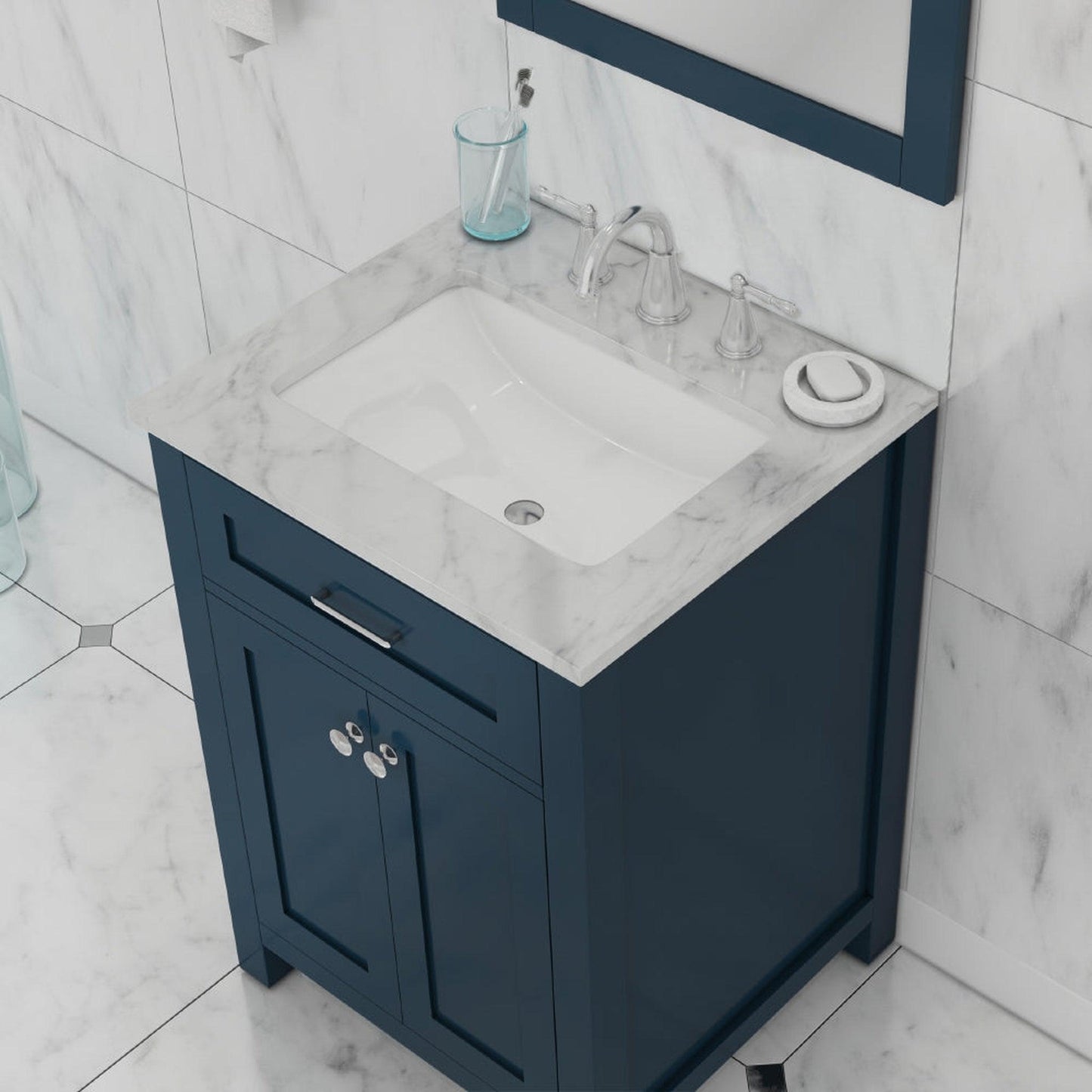 Alya Bath Norwalk 24" Single Blue Freestanding  Bathroom Vanity With Carrara Marble Top, Ceramic Sink and Wall Mounted Mirror - HE-101-24-B-CWMT + HE-101/102-24-B-M
