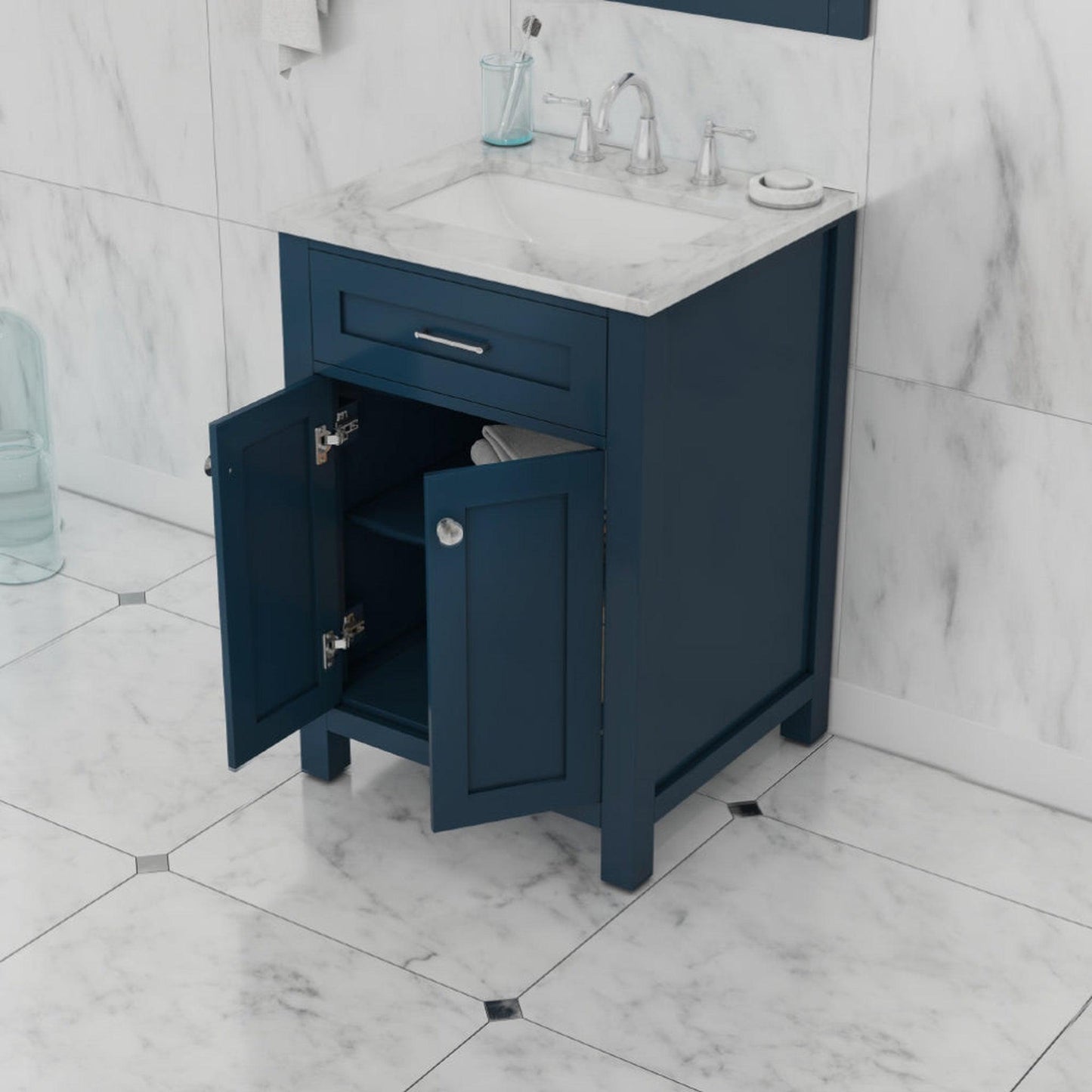 Alya Bath Norwalk 24" Single Blue Freestanding  Bathroom Vanity With Carrara Marble Top, Ceramic Sink and Wall Mounted Mirror - HE-101-24-B-CWMT + HE-101/102-24-B-M