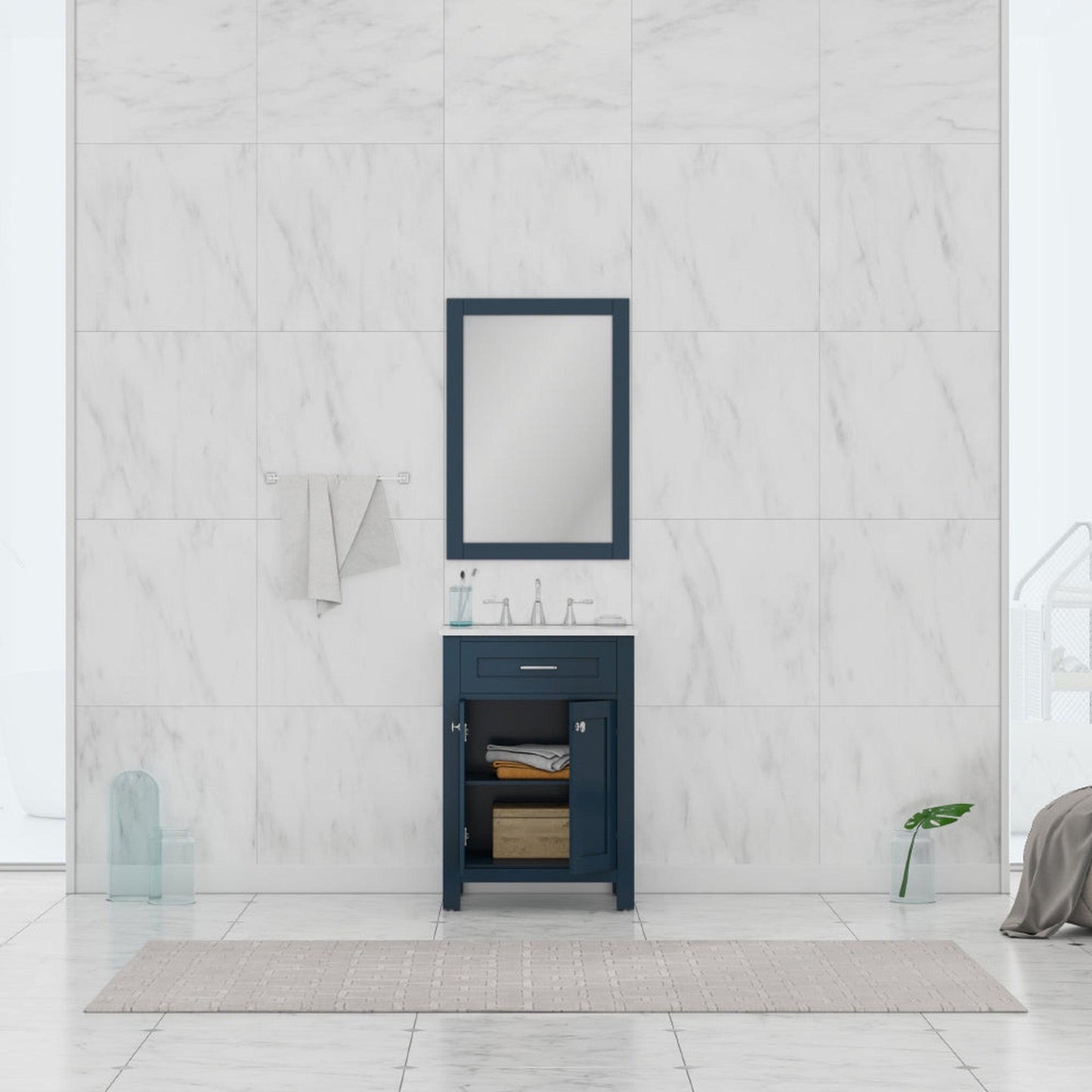 Alya Bath Norwalk 24" Single Blue Freestanding  Bathroom Vanity With Carrara Marble Top, Ceramic Sink and Wall Mounted Mirror - HE-101-24-B-CWMT + HE-101/102-24-B-M