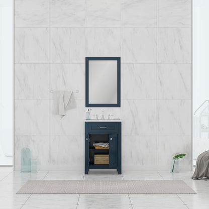 Alya Bath Norwalk 24" Single Blue Freestanding  Bathroom Vanity With Carrara Marble Top, Ceramic Sink and Wall Mounted Mirror - HE-101-24-B-CWMT + HE-101/102-24-B-M