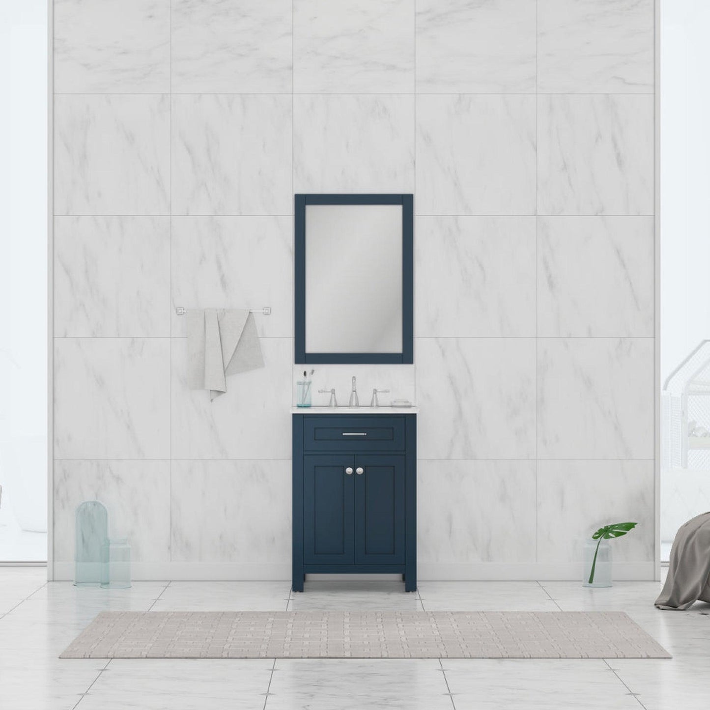 Alya Bath Norwalk 24" Single Blue Freestanding  Bathroom Vanity With Carrara Marble Top, Ceramic Sink and Wall Mounted Mirror - HE-101-24-B-CWMT + HE-101/102-24-B-M