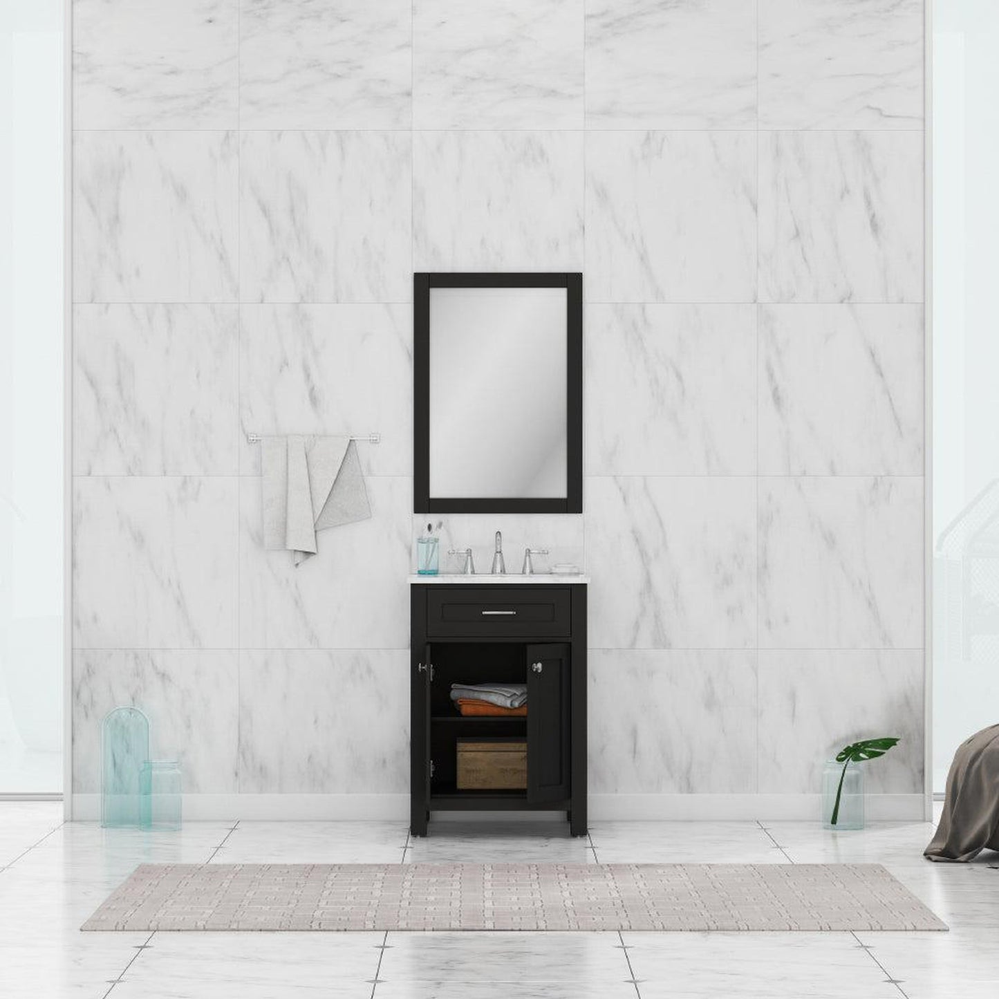 Alya Bath Norwalk 24" Single Espresso Freestanding  Bathroom Vanity With Carrara Marble Top, Ceramic Sink and Wall Mounted Mirror - HE-101-24-E-CWMT + HE-101/102-24-E-M
