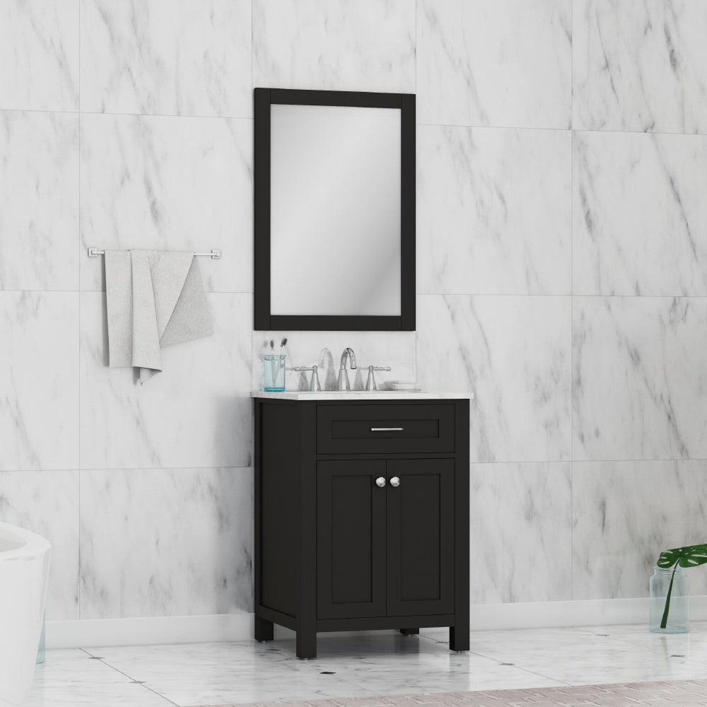 Alya Bath Norwalk 24" Single Espresso Freestanding  Bathroom Vanity With Carrara Marble Top, Ceramic Sink and Wall Mounted Mirror - HE-101-24-E-CWMT + HE-101/102-24-E-M