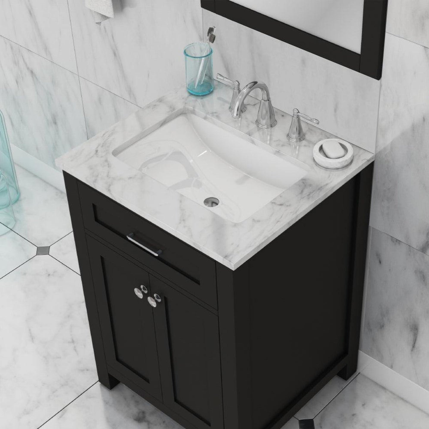 Alya Bath Norwalk 24" Single Espresso Freestanding  Bathroom Vanity With Carrara Marble Top, Ceramic Sink and Wall Mounted Mirror - HE-101-24-E-CWMT + HE-101/102-24-E-M