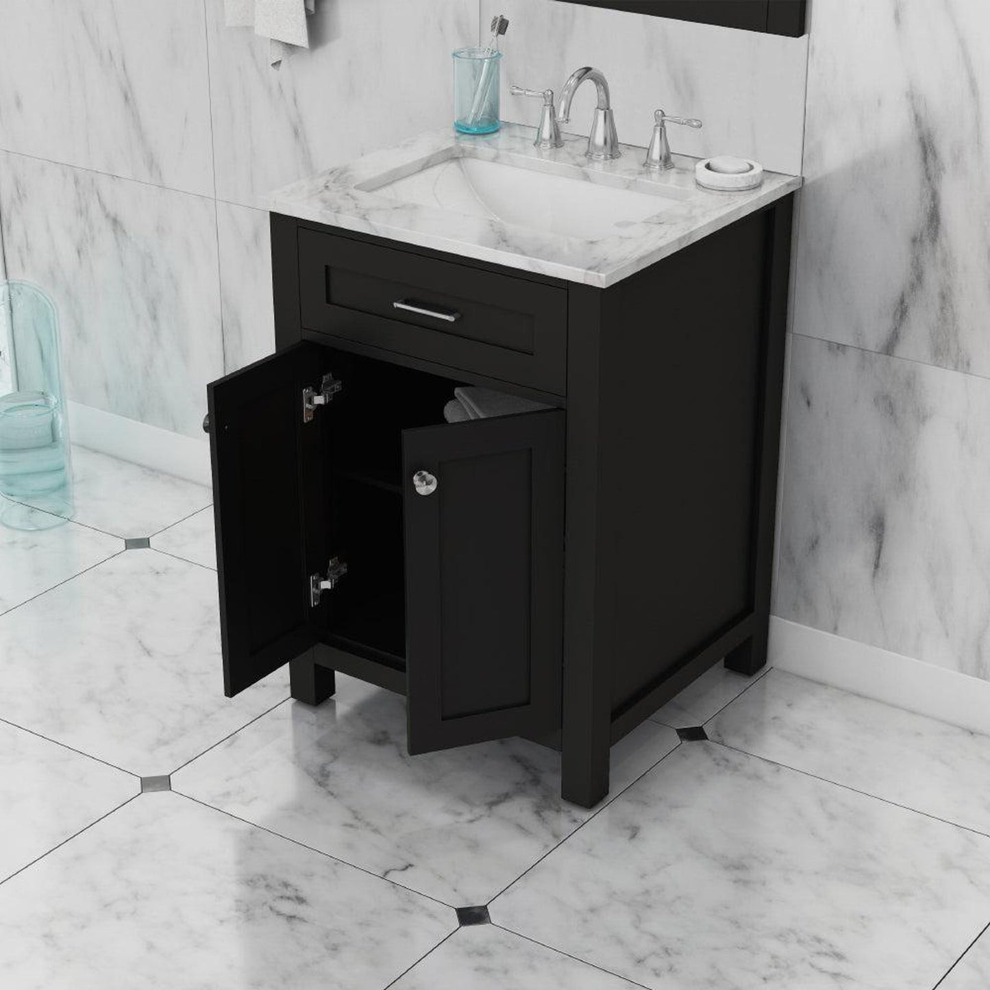 Alya Bath Norwalk 24" Single Espresso Freestanding  Bathroom Vanity With Carrara Marble Top, Ceramic Sink and Wall Mounted Mirror - HE-101-24-E-CWMT + HE-101/102-24-E-M