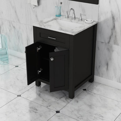 Alya Bath Norwalk 24" Single Espresso Freestanding  Bathroom Vanity With Carrara Marble Top, Ceramic Sink and Wall Mounted Mirror - HE-101-24-E-CWMT + HE-101/102-24-E-M