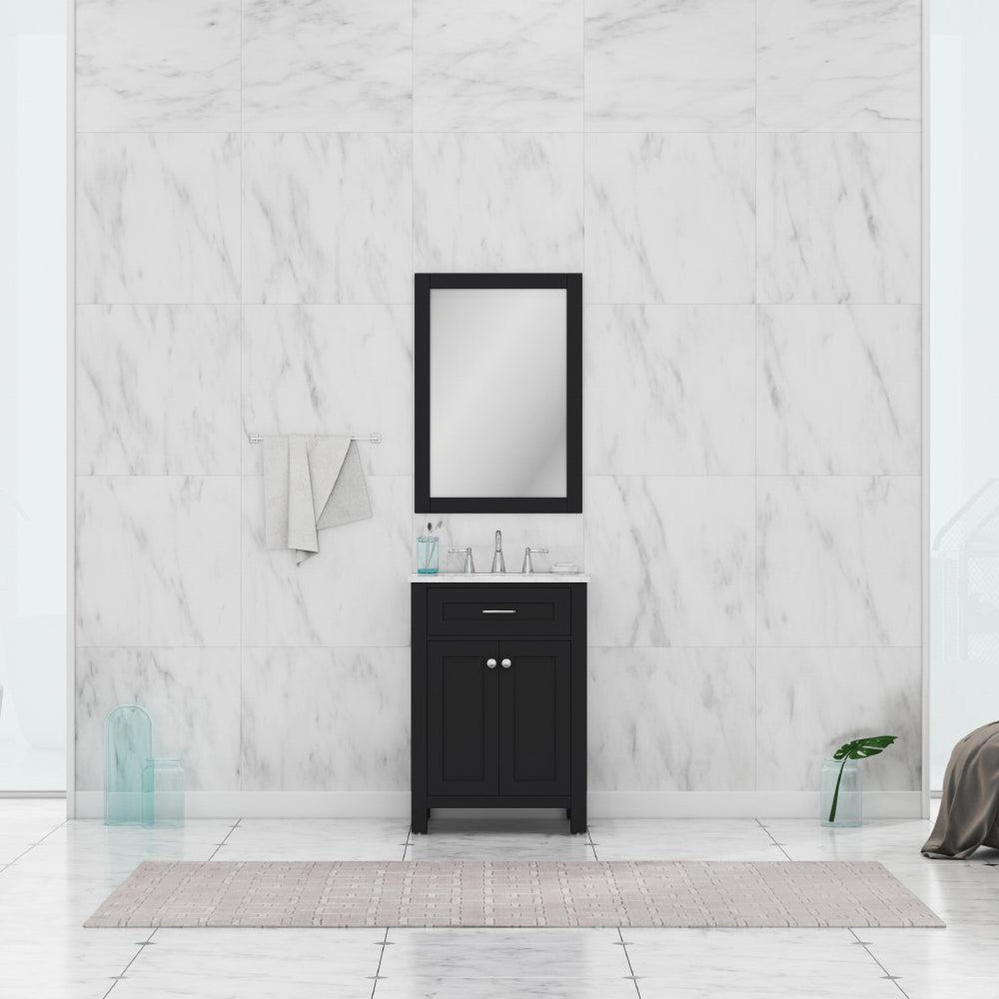 Alya Bath Norwalk 24" Single Espresso Freestanding  Bathroom Vanity With Carrara Marble Top, Ceramic Sink and Wall Mounted Mirror - HE-101-24-E-CWMT + HE-101/102-24-E-M