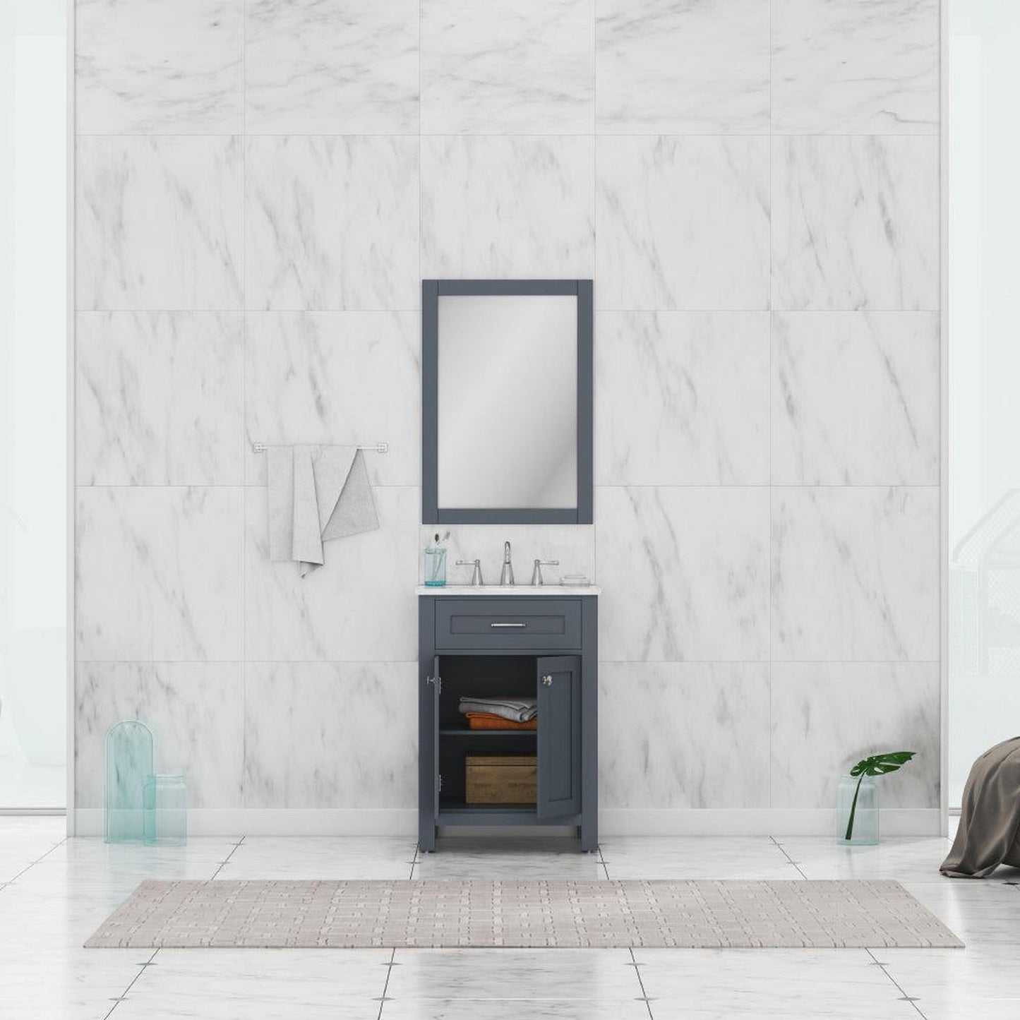 Alya Bath Norwalk 24" Single Gray Freestanding  Bathroom Vanity With Carrara Marble Top, Ceramic Sink and Wall Mounted Mirror - HE-101-24-G-CWMT + HE-101/102-24-G-M