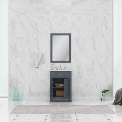 Alya Bath Norwalk 24" Single Gray Freestanding  Bathroom Vanity With Carrara Marble Top, Ceramic Sink and Wall Mounted Mirror - HE-101-24-G-CWMT + HE-101/102-24-G-M