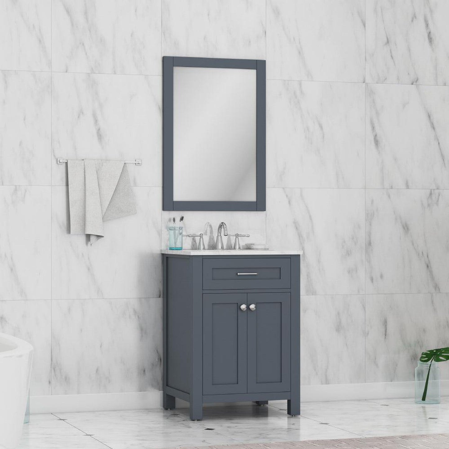 Alya Bath Norwalk 24" Single Gray Freestanding  Bathroom Vanity With Carrara Marble Top, Ceramic Sink and Wall Mounted Mirror - HE-101-24-G-CWMT + HE-101/102-24-G-M