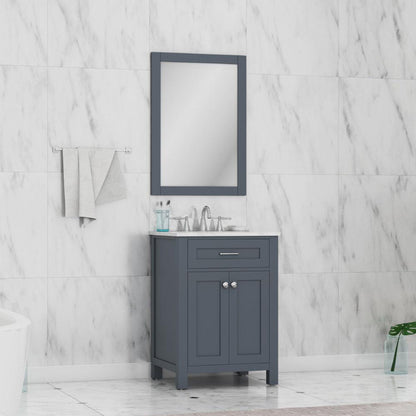 Alya Bath Norwalk 24" Single Gray Freestanding  Bathroom Vanity With Carrara Marble Top, Ceramic Sink and Wall Mounted Mirror - HE-101-24-G-CWMT + HE-101/102-24-G-M