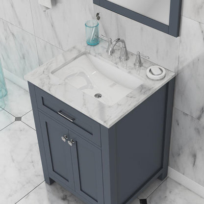 Alya Bath Norwalk 24" Single Gray Freestanding  Bathroom Vanity With Carrara Marble Top, Ceramic Sink and Wall Mounted Mirror - HE-101-24-G-CWMT + HE-101/102-24-G-M