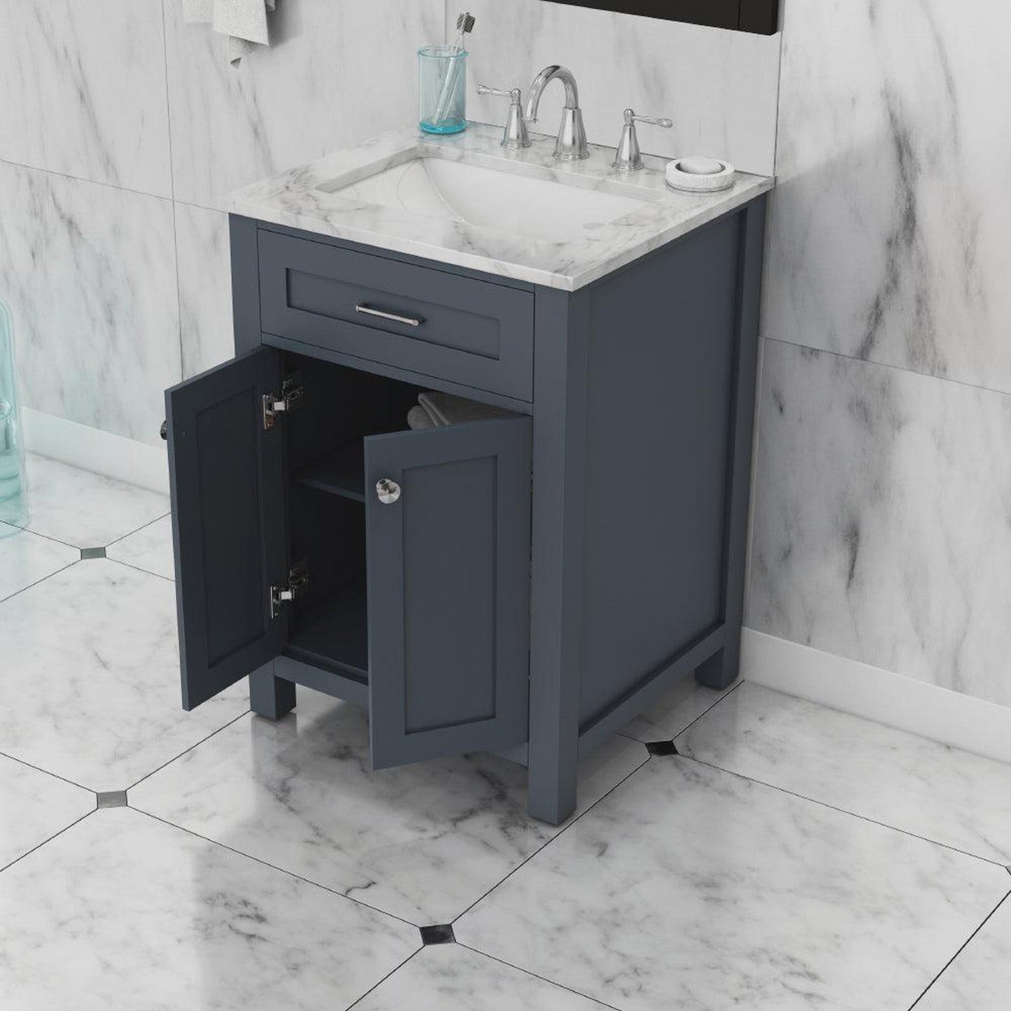 Alya Bath Norwalk 24" Single Gray Freestanding  Bathroom Vanity With Carrara Marble Top, Ceramic Sink and Wall Mounted Mirror - HE-101-24-G-CWMT + HE-101/102-24-G-M