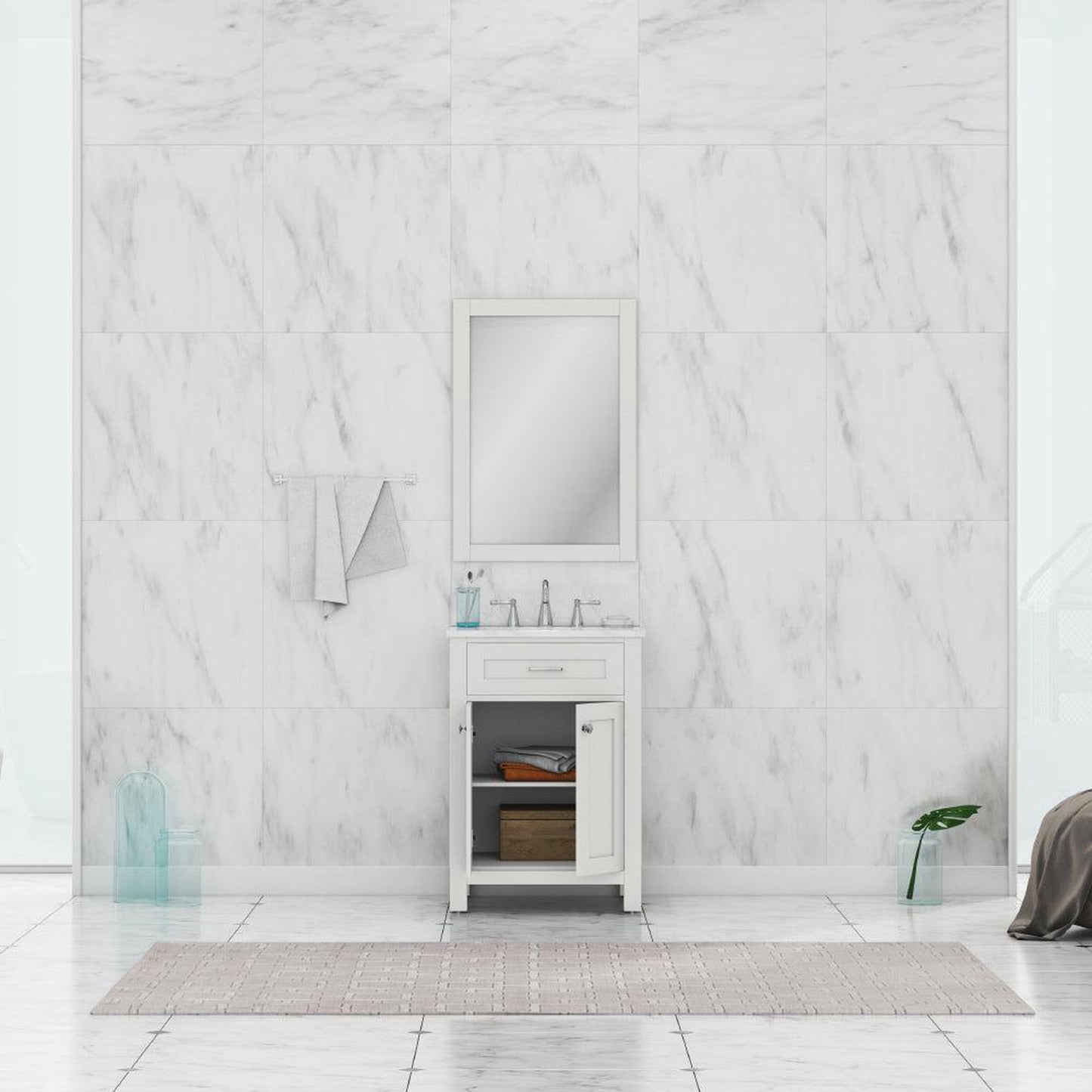 Alya Bath Norwalk 24" Single White Freestanding  Bathroom Vanity With Carrara Marble Top, Ceramic Sink and Wall Mounted Mirror - HE-101-24-W-CWMT + HE-101/102-24-W-M