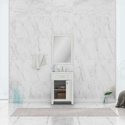 Alya Bath Norwalk 24" Single White Freestanding  Bathroom Vanity With Carrara Marble Top, Ceramic Sink and Wall Mounted Mirror - HE-101-24-W-CWMT + HE-101/102-24-W-M