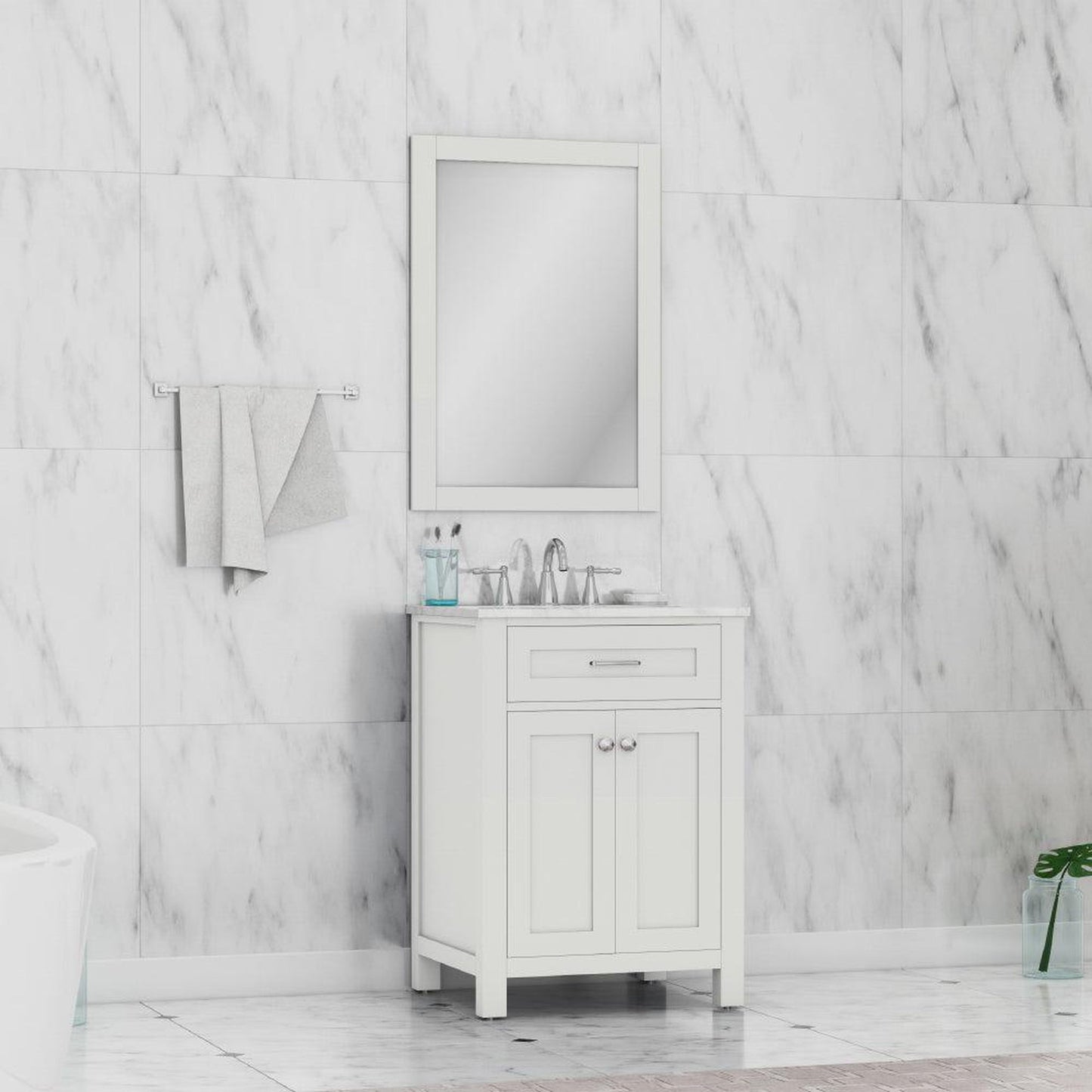 Alya Bath Norwalk 24" Single White Freestanding  Bathroom Vanity With Carrara Marble Top, Ceramic Sink and Wall Mounted Mirror - HE-101-24-W-CWMT + HE-101/102-24-W-M