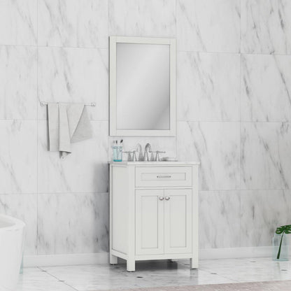 Alya Bath Norwalk 24" Single White Freestanding  Bathroom Vanity With Carrara Marble Top, Ceramic Sink and Wall Mounted Mirror - HE-101-24-W-CWMT + HE-101/102-24-W-M